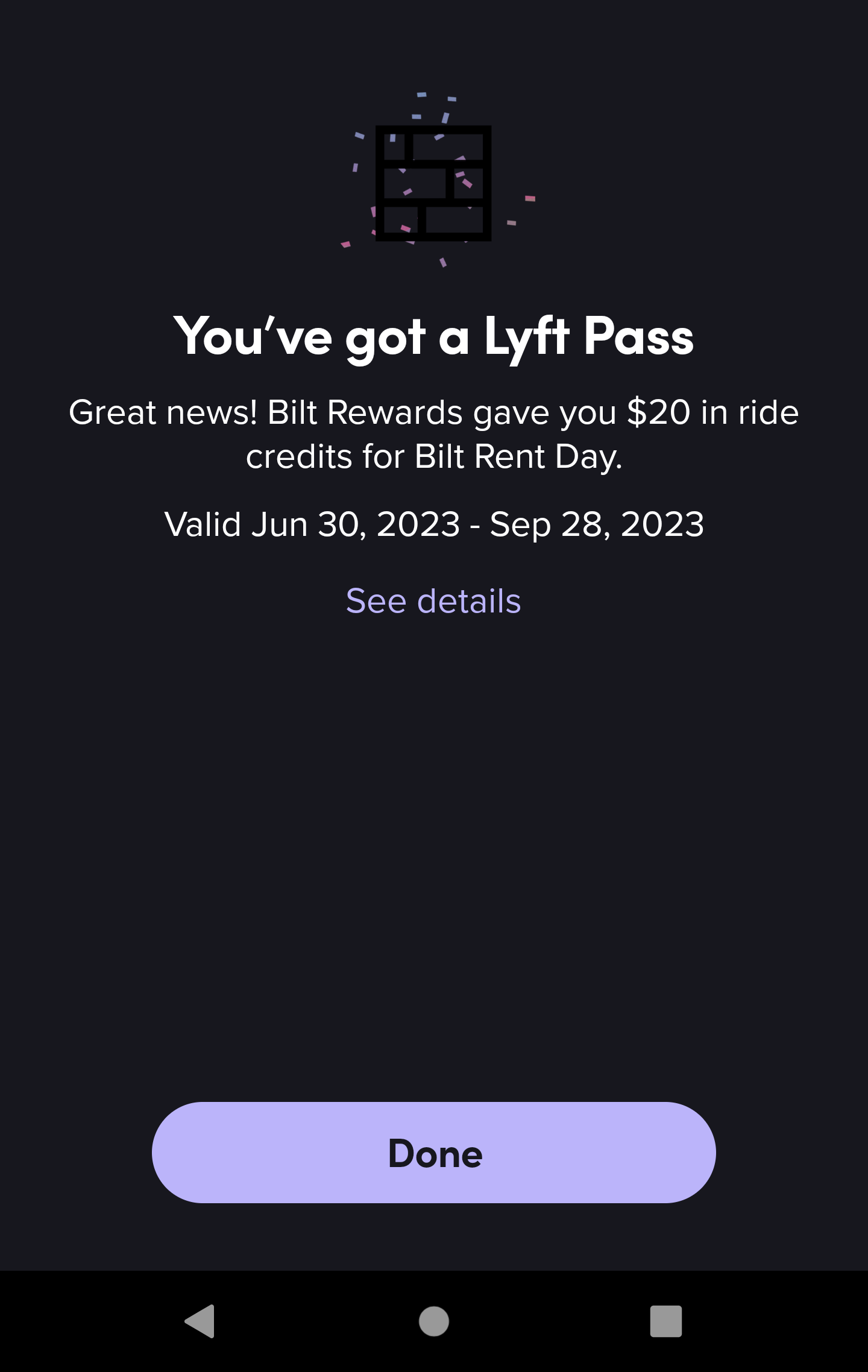 Screenshot de Bilt mostrando o Lyft Pass ganho
