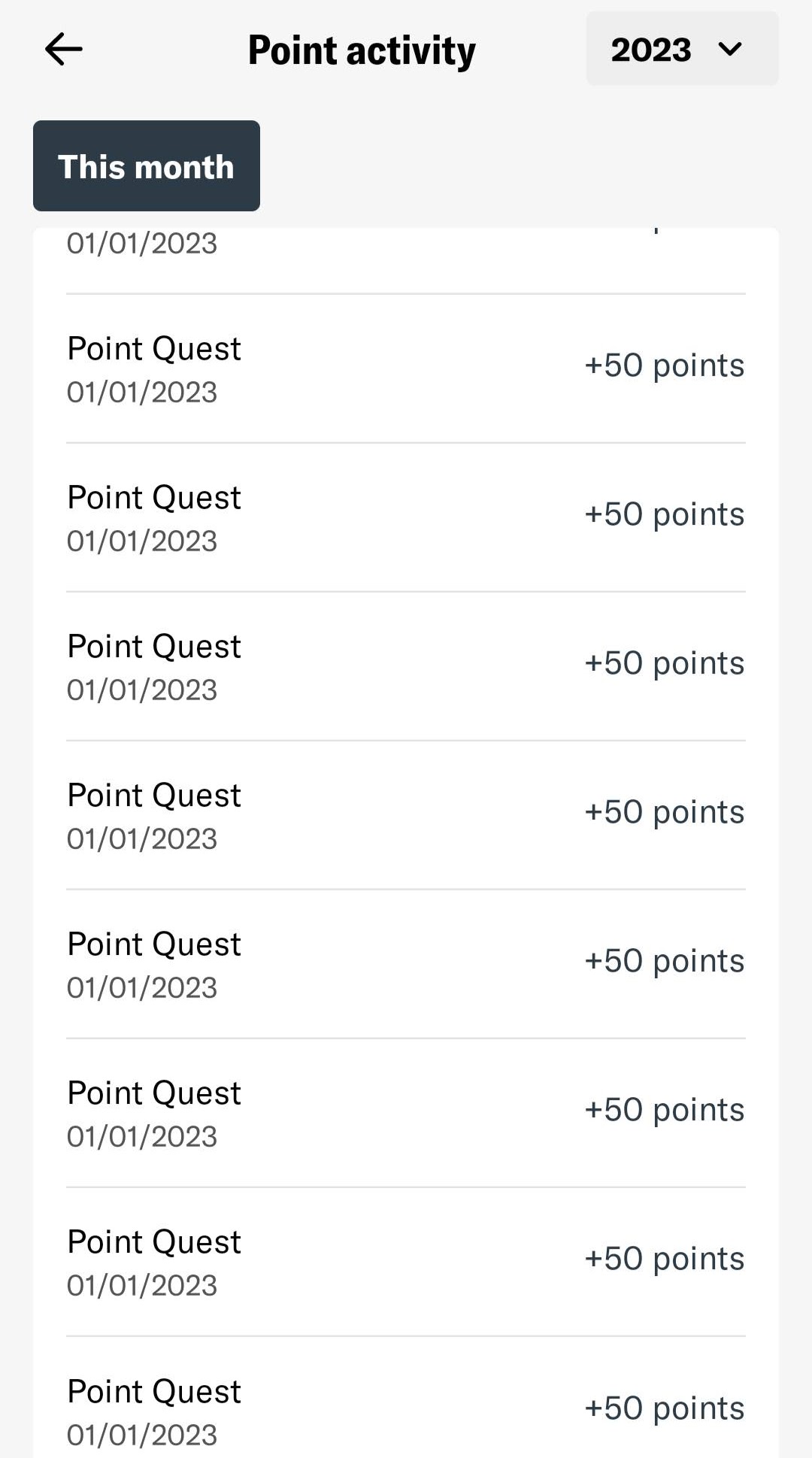 Screenshot de Bilt mostrando pontos ganhos usando o Point Quest