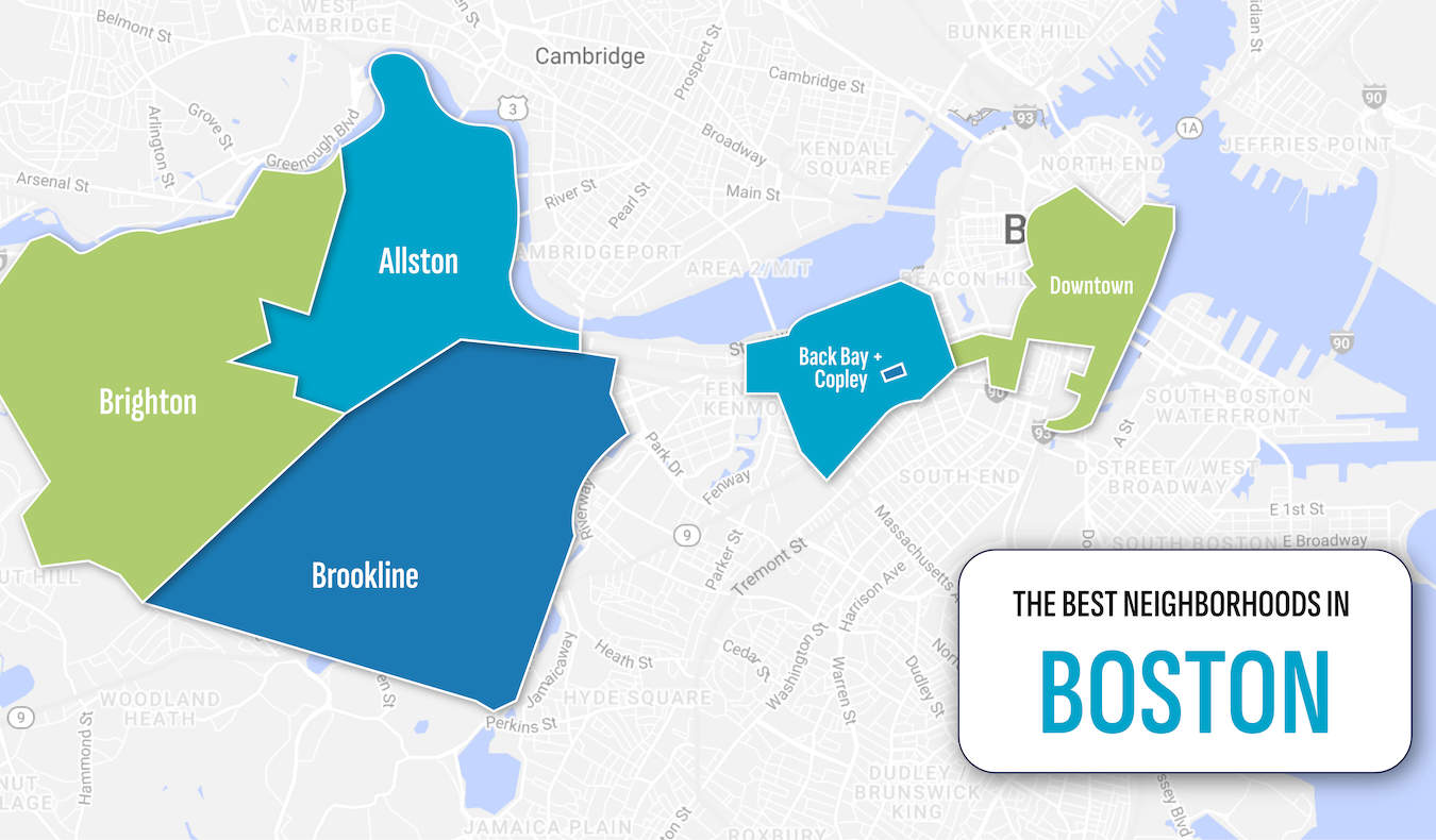 Mapa das melhores áreas para morar em Boston, EUA