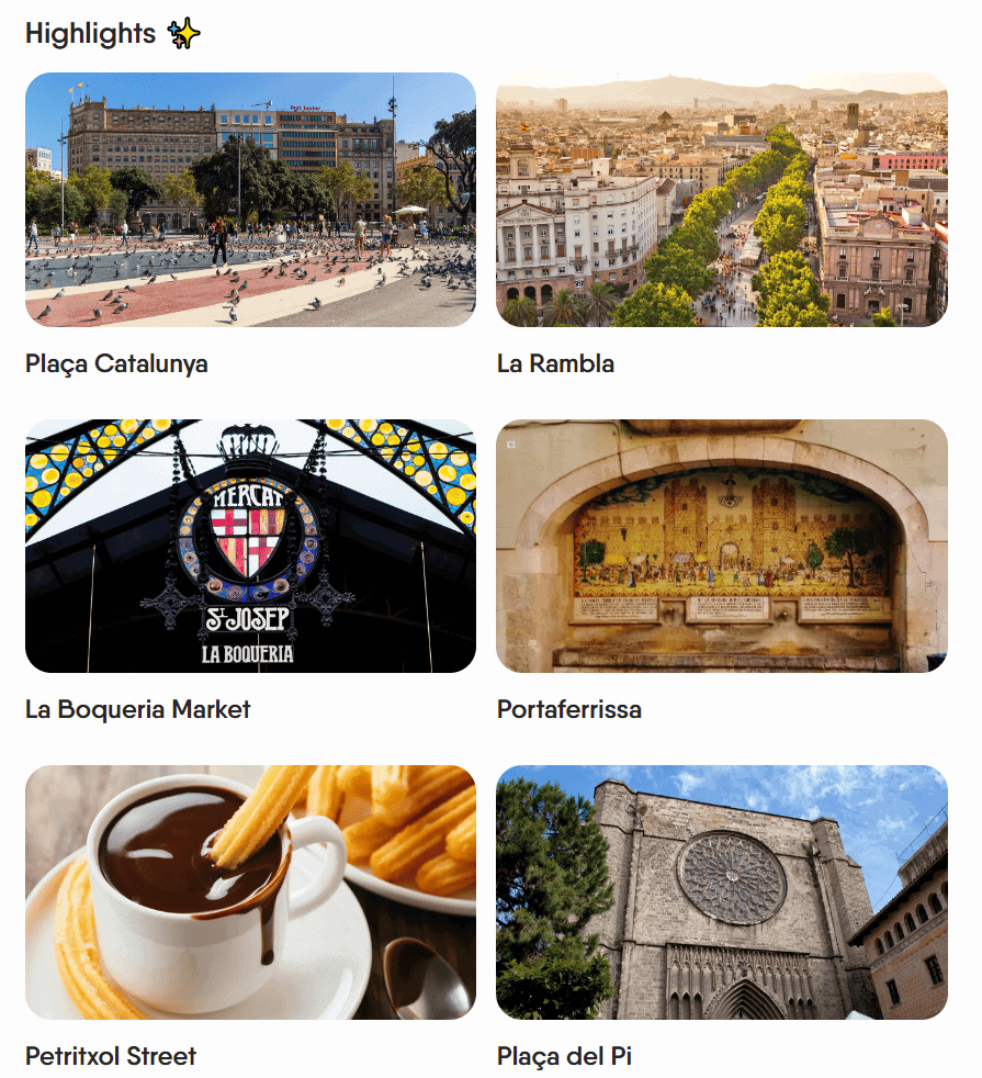 Captura de tela no site em torno, que mostra fotografias das atrações que você verá durante um tour pelo Barcelona