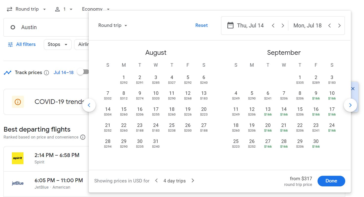 Captura de tela de uma pesquisa no Google por voos de Austin para Nova York, mostrando um calendário de 2 meses.