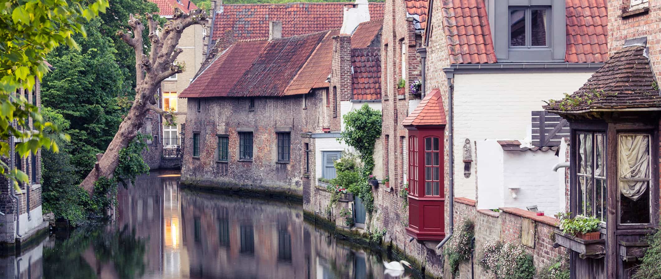 Canal tranquilo histórico em Bruges, Bélgica, cercado por casas antigas e vegetação exuberante