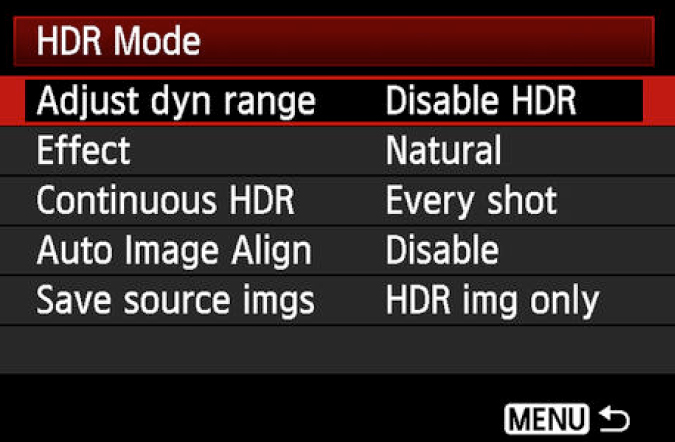 Opções de menu do modo HDR do Gopro Hero