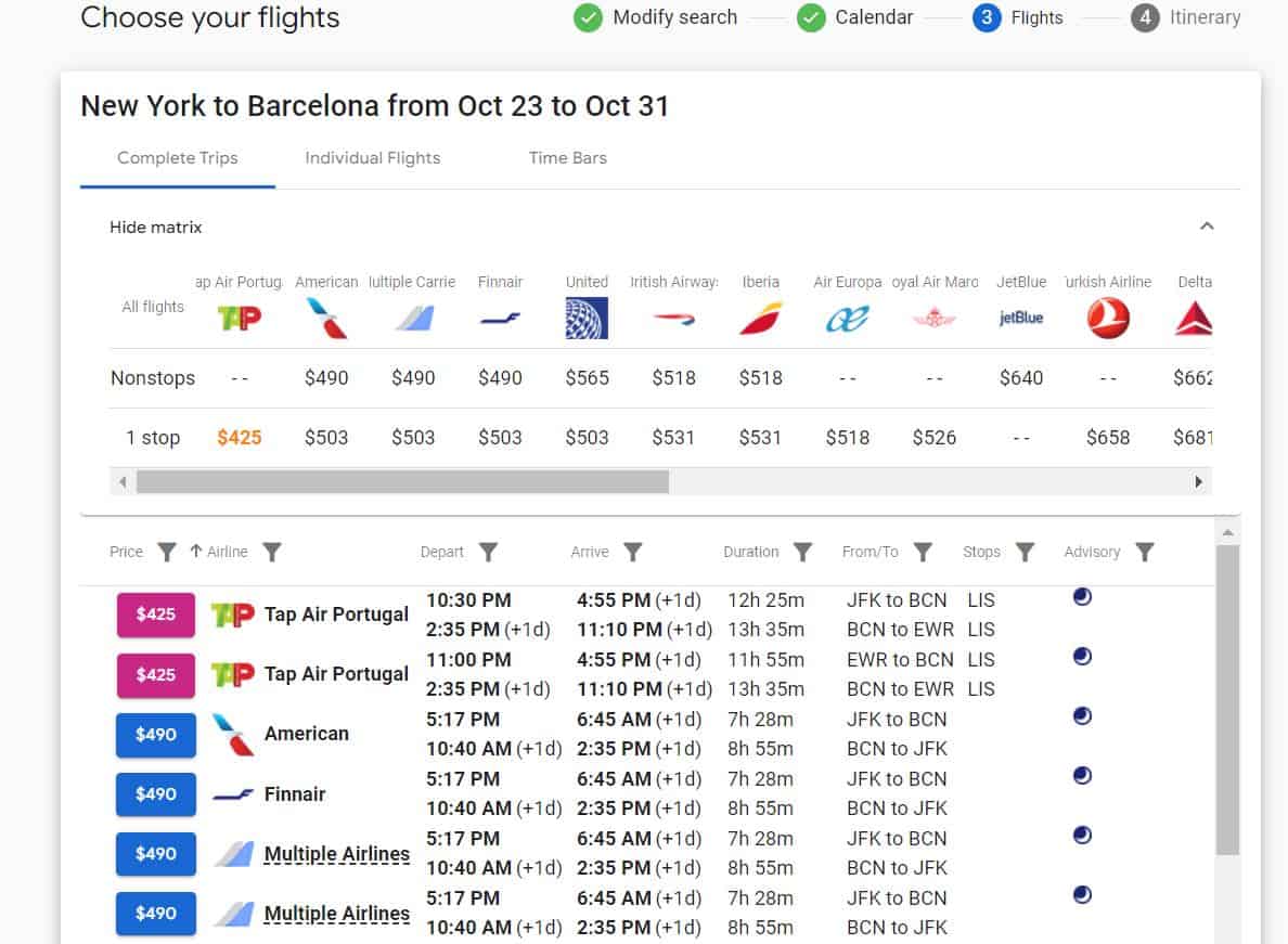A captura de tela da lista de voos de Nova York a Barcelona no site da ITA Matrix com a duração de vôo, preços e companhias aéreas.