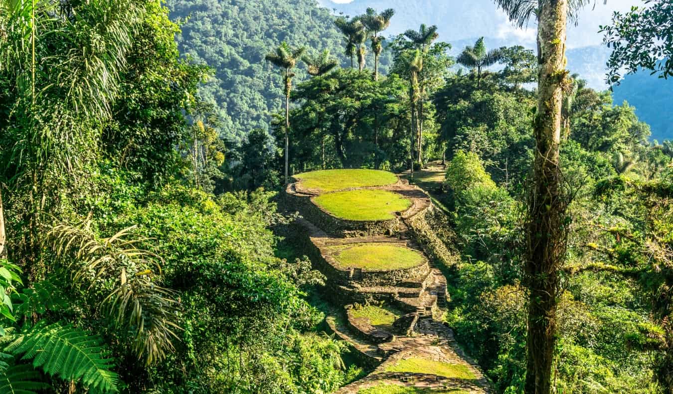 Plataformas de pedra mult i-touradas cobertas com grama na selva em uma cidade perdida em Columbia