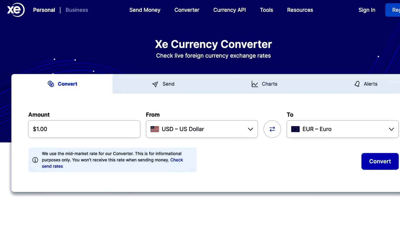 Página inicial do aplicativo de moeda XE