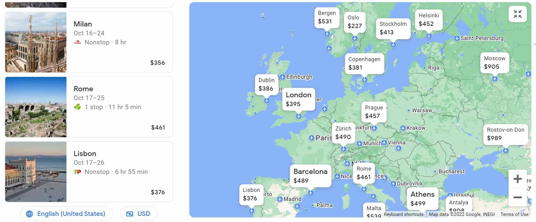 Voos do Google Screenshot de pesquisa de voos mostrando um cartão europeu com preços para voos.