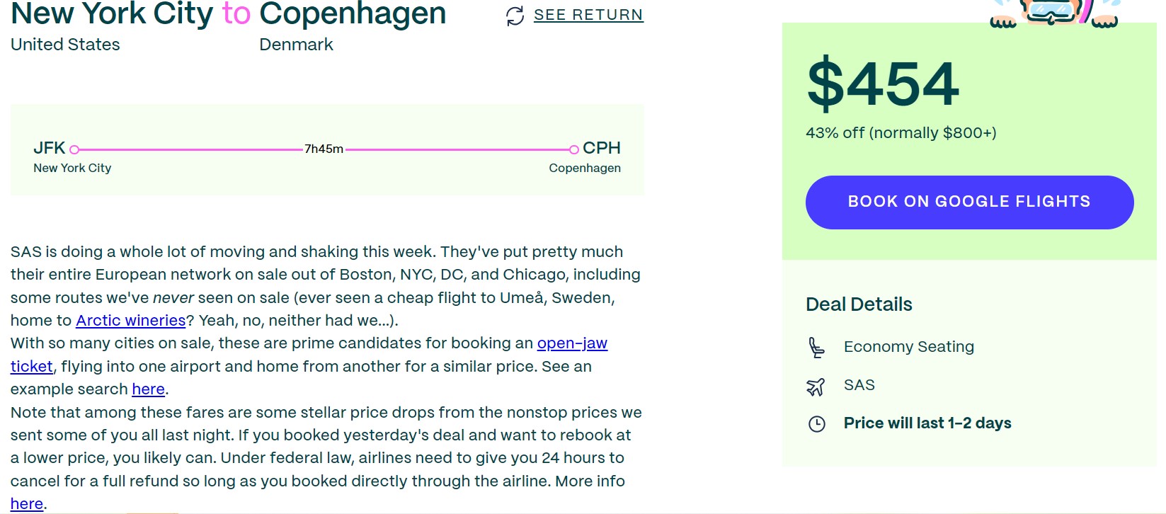 Captura de tela de viagens mostrando uma frase de Nova York a Copenhague, Dinamarca
