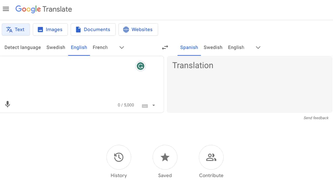 Página inicial do Google Tradutor, um popular aplicativo de viagens