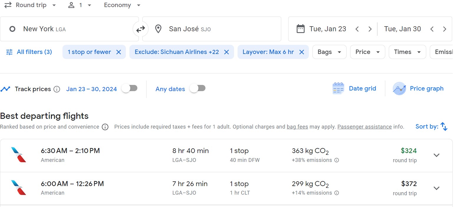 Captura de tela do Google Flights com filtros já selecionados para exibir um voo barato de Nova York para San Jose, Costa Rica