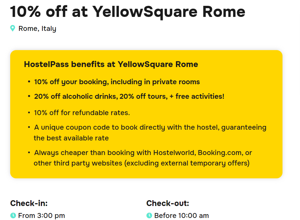 Screenshot de HostelPass mostrando a lista de descontos que você pode obter fervendo o Hostel Yellowsquare Roma através do HostelPasshe