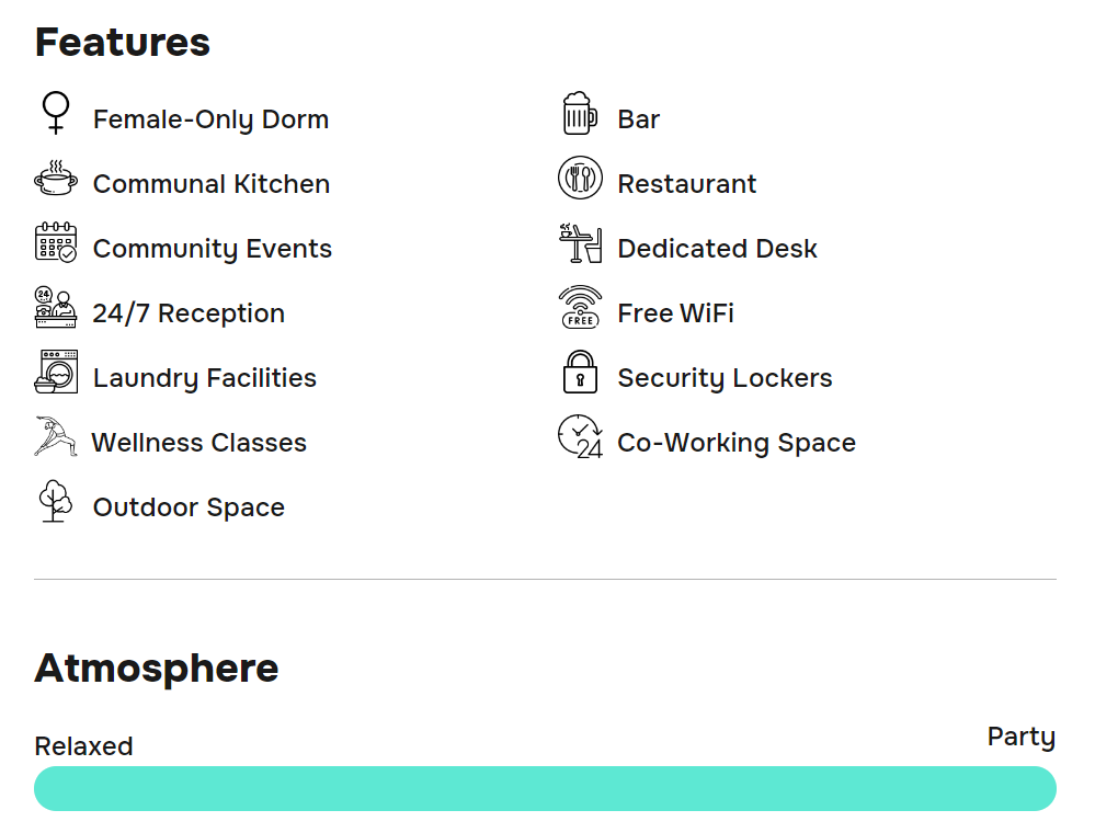 Captura de tela do HostelPass, demonstrando a lista de comodidades no Hostsquare Roma do albergue