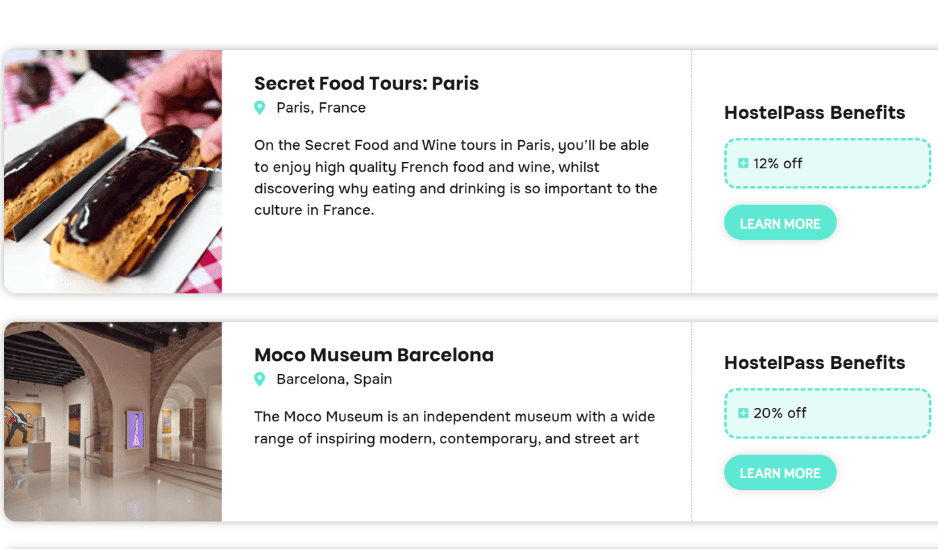 Crega de captura de tela do HostelPass, que mostra descontos fornecidos para o supermercado Tour em Paris e Museum em Barcelona