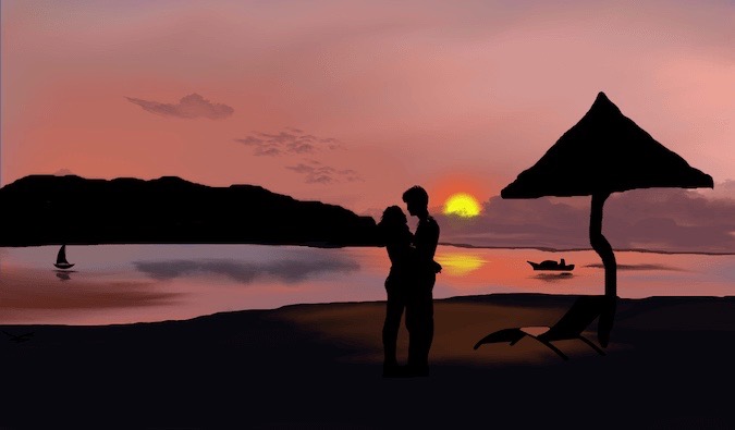 O casal posa romanticamente na praia ao pôr do sol