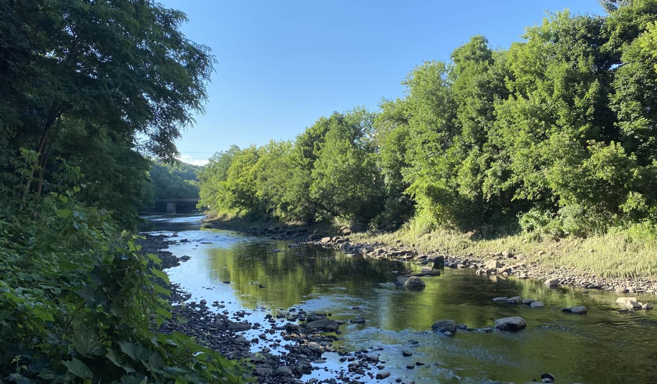 Um rio tranquilo cercado por árvores no estado de Menn, EUA