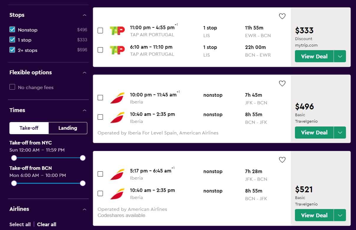 Momondo Screenshot com a busca de voos de Nova York para Barcelona, ​​com os resultados da Tap Air e Iberia.
