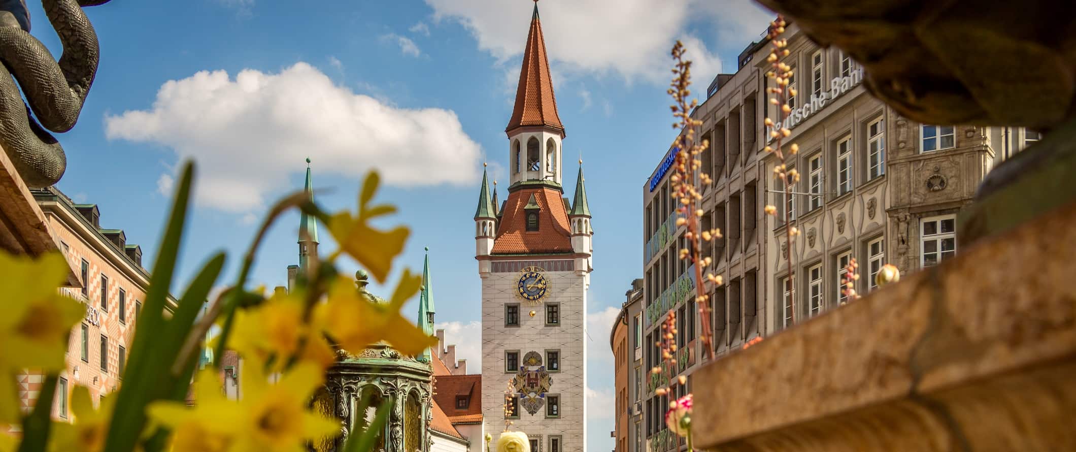 A histórica cidade velha de Munique, Alemanha, na primavera com flores florescentes perto da igreja