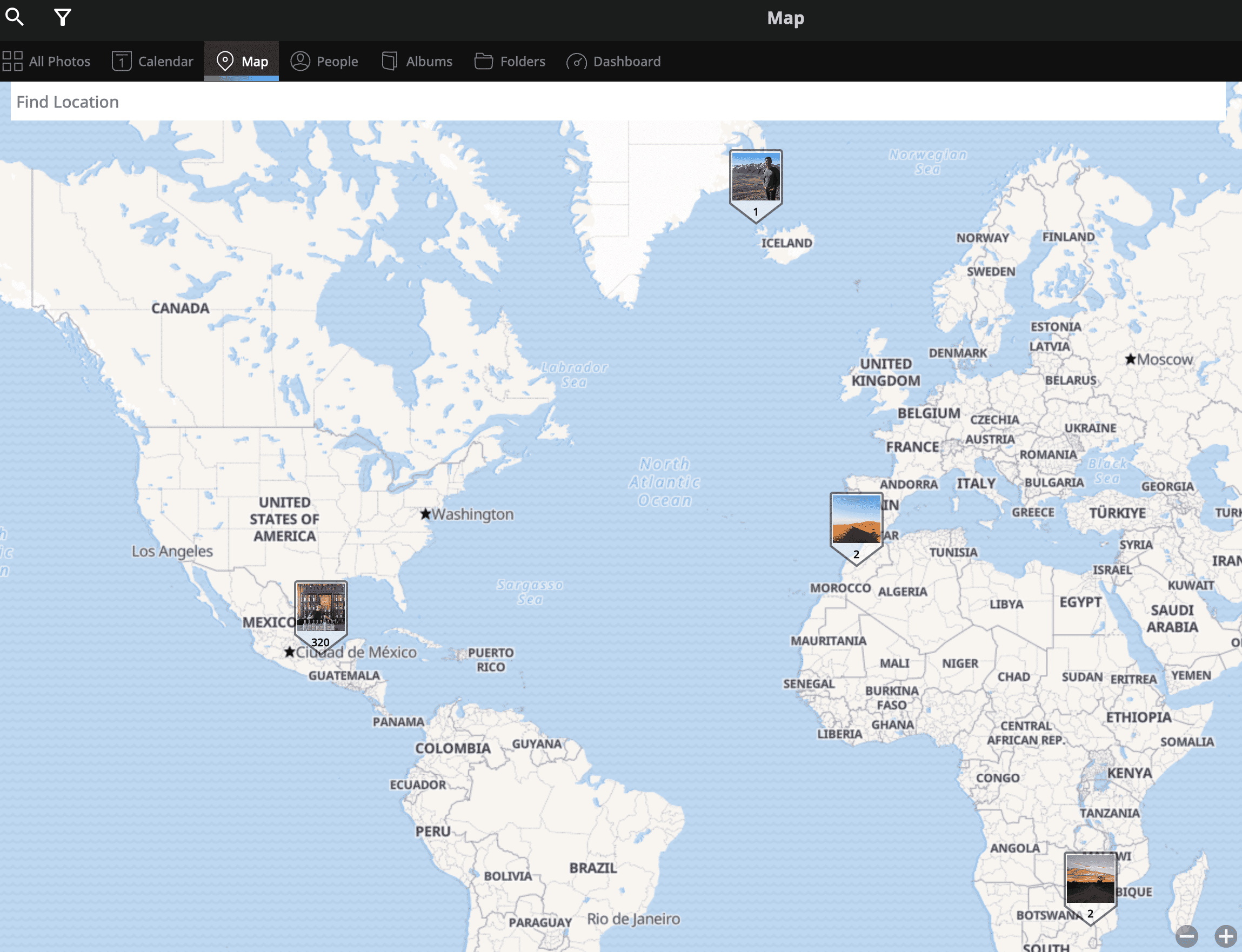 Visualização de um mapa georreferenciado no aplicativo Mylio no desktop