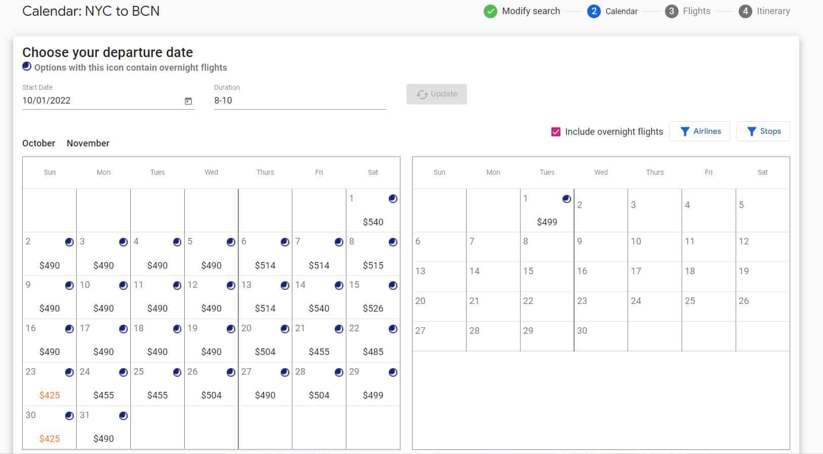 Captura de tela do calendário de preços para voos de Nova York para Barcelona no site da ITA Matrix.