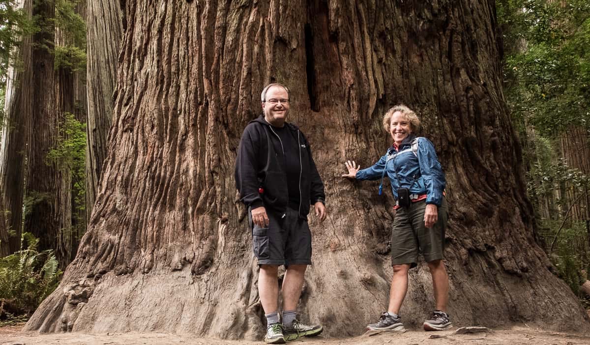 Tom e Christine, dois viajantes aposentados, posam perto de uma árvore de mogno