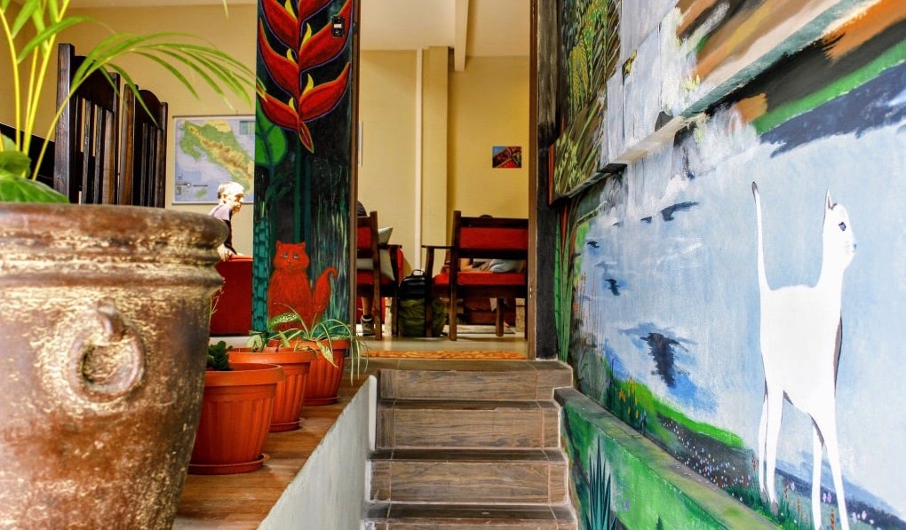 Interior colorido do Stray Cat Hostel em San Jose, Costa Rica