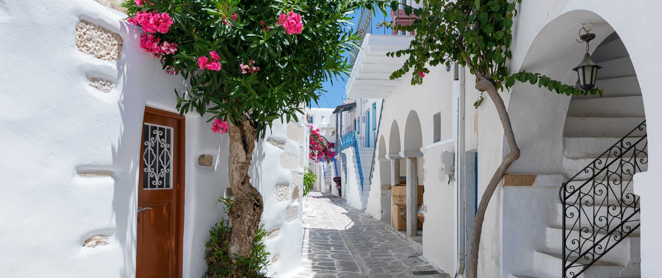 Uma rua ladeada de pedras com casas brancas em ambos os lados na ilha de Santorini, na Grécia.