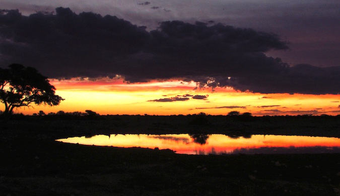 Pôr do sol no Parque Nacional Etosha, na Namíbia