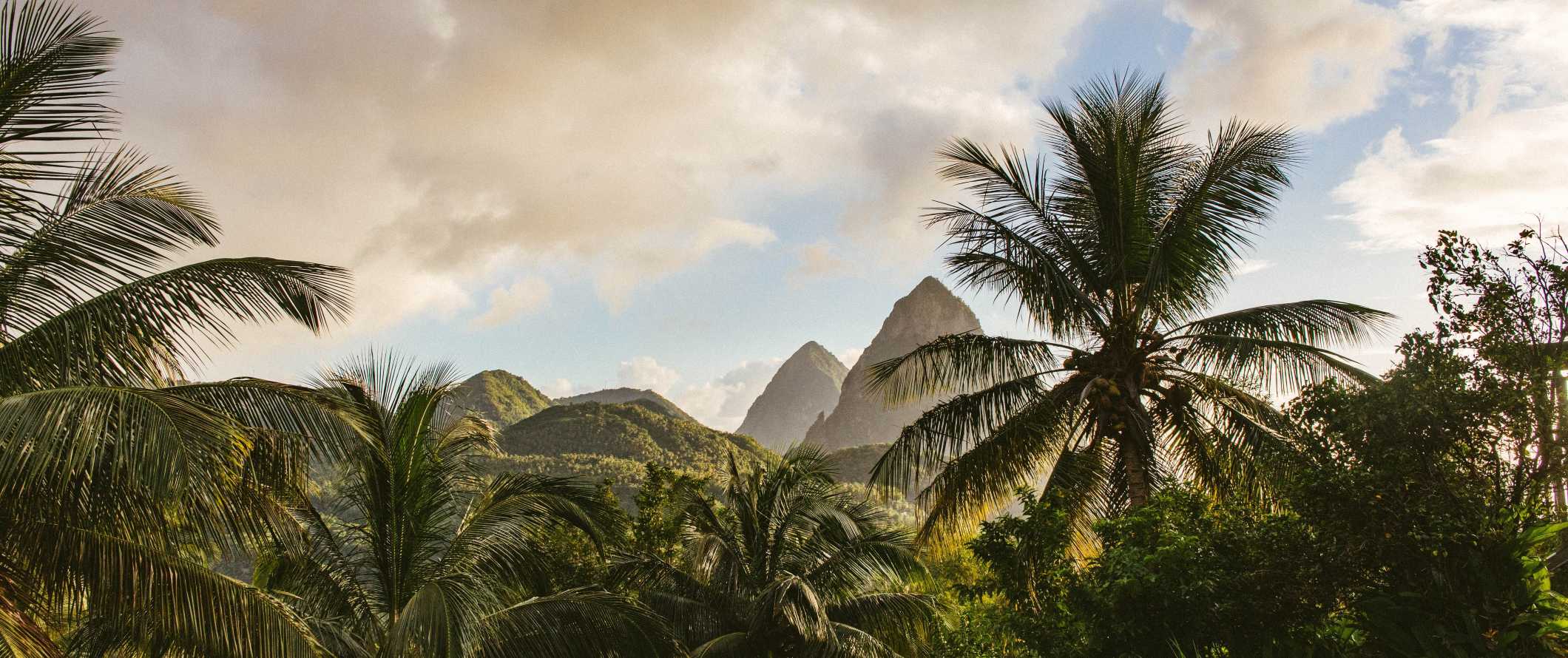 Palmeiras e picos afiados das montanhas distantes na ilha do Caribe de Santa Lúcia