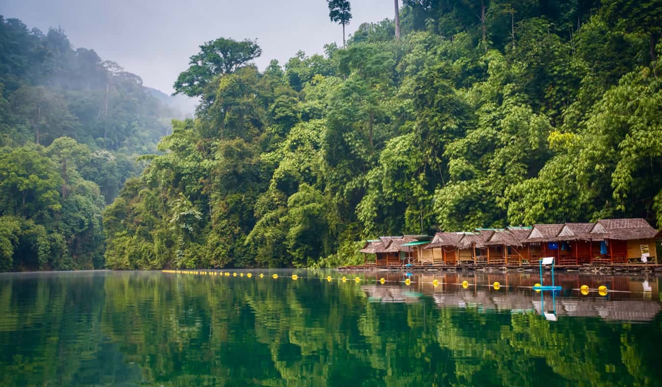 Pushwood, selva verde da Tailândia, cercada por um rio