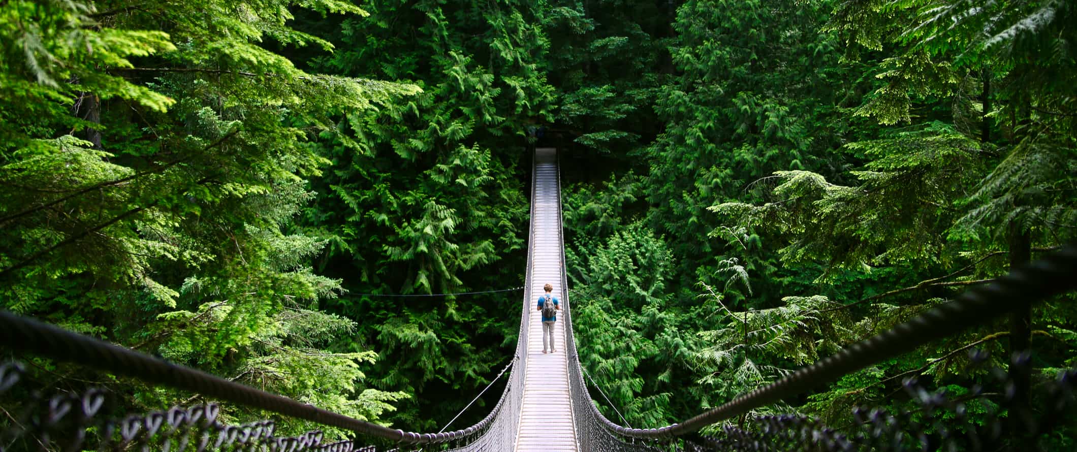 Um viajante solitário atravessa a famosa ponte de suspensão de Kapilano, na floresta, perto de Vancouver, Canadá