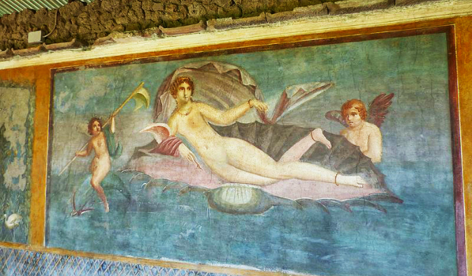 Afresco colorido representando Vênus em uma concha em Pompéia, Itália
