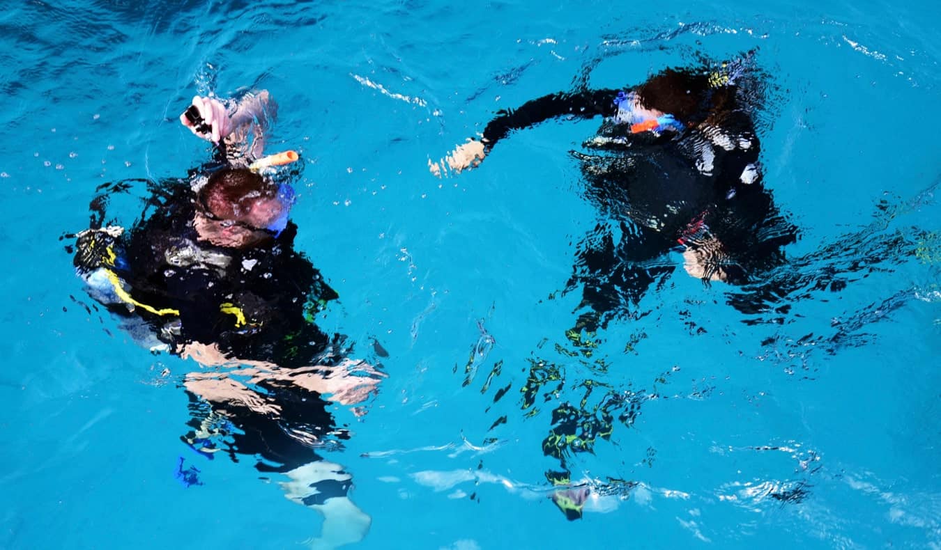 Um casal de mergulhadores se prepara para um mergulho na Austrália