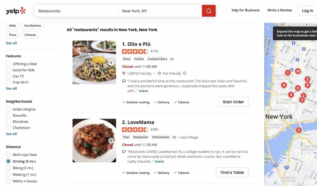 Captura de tela do Yelp para restaurantes em Nova York